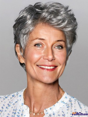 Perruques pour femmes poivre sel couleur ondulé gris perruque