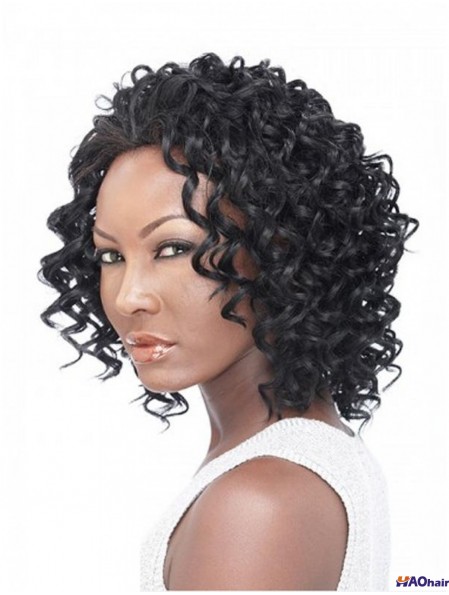 Cheveux bouclés brésiliens remy longueur d'épaule noire naturelle 3/4 perruques