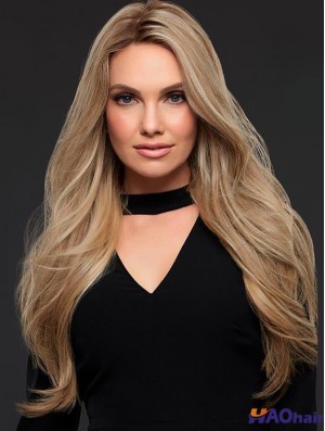 Sexy bonne blonde longue ondulée sans frange perruque de cheveux humains femmes avant de lacet 24 pouces