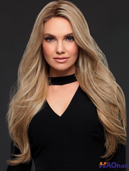 Sexy bonne blonde longue ondulée sans frange perruque de cheveux humains femmes avant de lacet 24 pouces