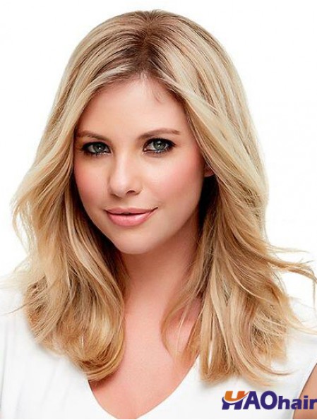 Cheveux blonds ondulés avec une longueur d'épaule de couleur blonde monofilament