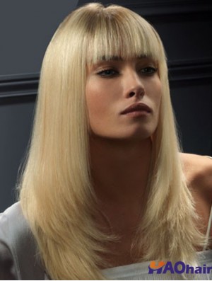 Perruque avant en dentelle Cheveux humains Style droit Couleur blonde avec une frange