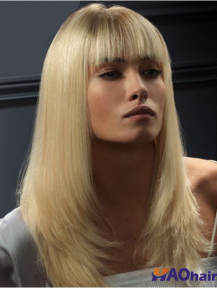 Perruque avant en dentelle Cheveux humains Style droit Couleur blonde avec une frange