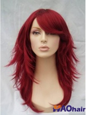Perruque rouge de cheveux humains pleine perruque avec une longueur d'épaule ondulée de style frange