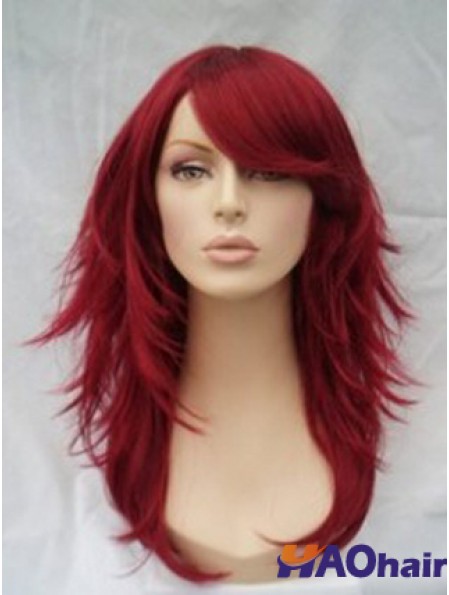 Perruque rouge de cheveux humains pleine perruque avec une longueur d'épaule ondulée de style frange