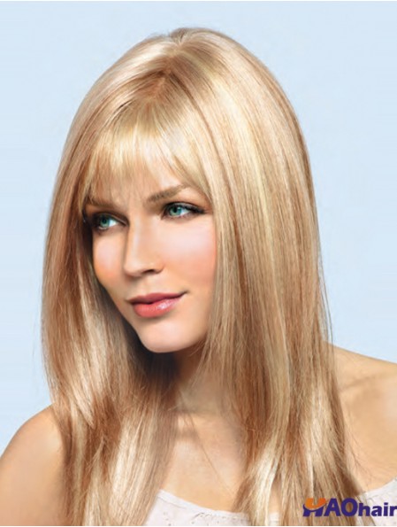16 pouces blonde remy humaine droite avec frange perruques en dentelle attachées à la main