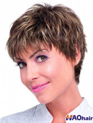 Cheveux humains Monofilament Topper couleur brune Boycuts de style droit