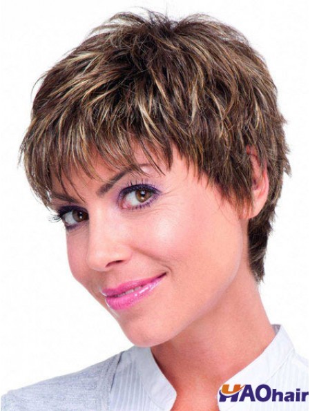 Cheveux humains Monofilament Topper couleur brune Boycuts de style droit
