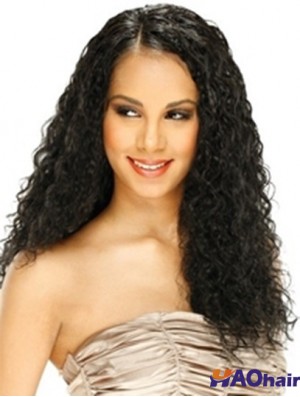 Perruque avant de lacet de cheveux humains style bouclé longue longueur couleur noire