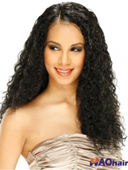 Perruque avant de lacet de cheveux humains style bouclé longue longueur couleur noire