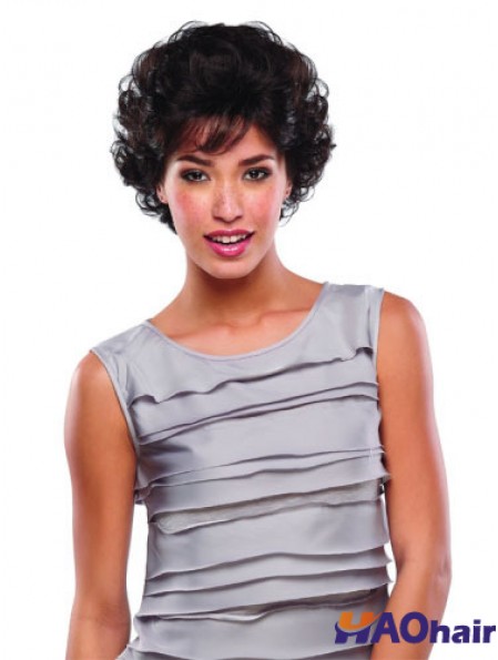 Perruques courtes en dentelle de cheveux humains bouclés couleur marron coupe classique