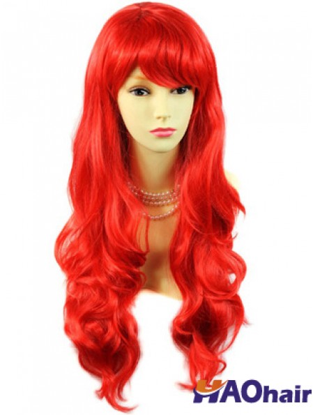 Vente chaude cheveux longs ondulés avec frange 24 pouces perruques rouges