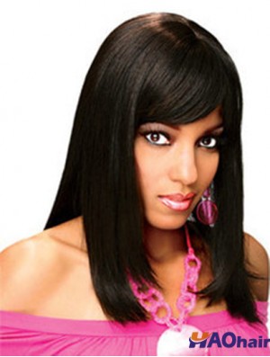Pleines perruques de cheveux humains avec une frange pleine longueur d'épaule en dentelle couleur noire