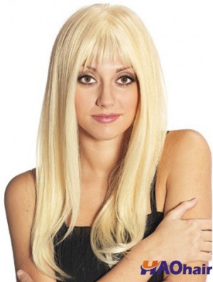 Blonde longue et fabuleuse droite avec frange perruques en dentelle