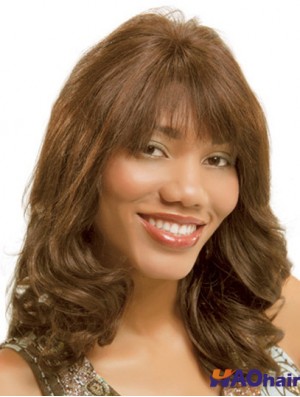 Ondulé Monofilam Brown Avec Bangs Longues Perruques Monofilament Pas Cher