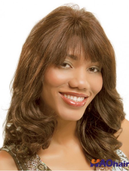 Ondulé Monofilam Brown Avec Bangs Longues Perruques Monofilament Pas Cher