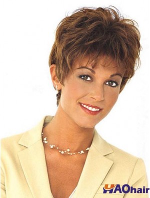 Perruque de cheveux humains Mono Style ondulé Longueur recadrée Couleur brune