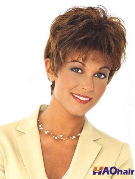 Perruque de cheveux humains Mono Style ondulé Longueur recadrée Couleur brune