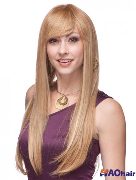 Droite Avec Frange Monofilament Blonde Top Perruques Longues