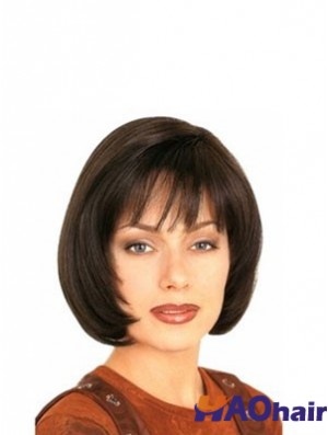 Avec Frange Durable Droite Brun Longueur de Menton Perruques de Cheveux Humains