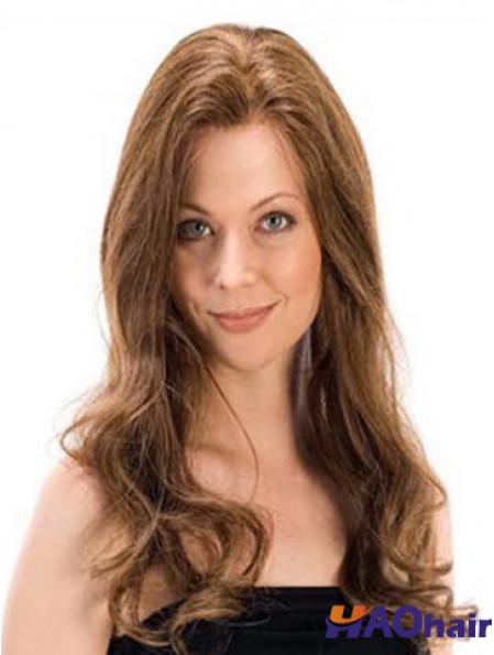 Perruques de cheveux humains monofilament brun long ondulé Remy