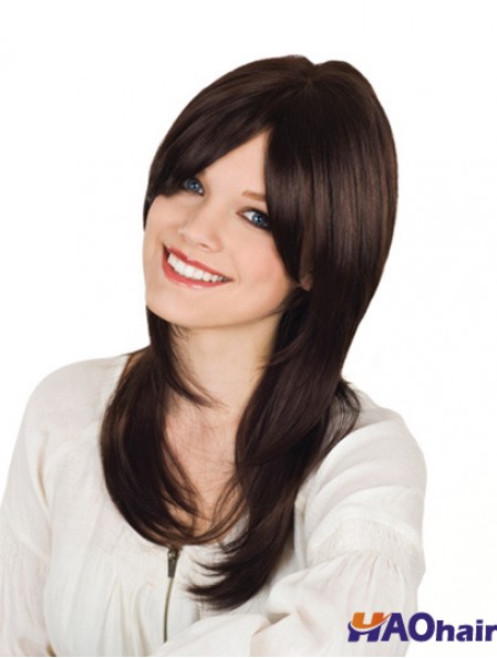 Avec Bangs Long Brown Wavy 16 pouces Perruques de cheveux humains durables