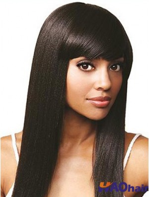 Avec frange en ligne droite noire longue perruque de cheveux humains avant de lacet