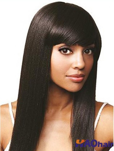 Avec frange en ligne droite noire longue perruque de cheveux humains avant de lacet