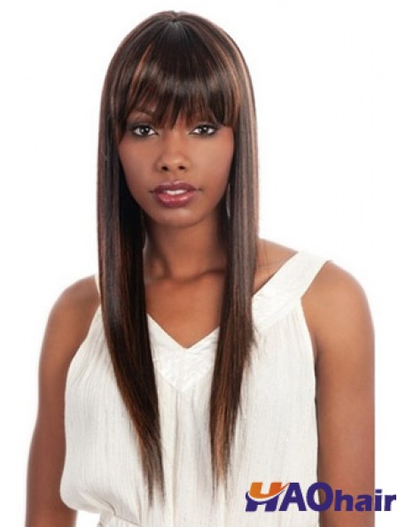Long Yaki brun avec frange perruques afro-américaines à la mode