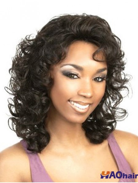 Curly Black Fashion épaule longueur perruques classiques
