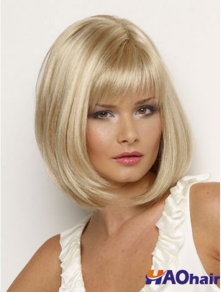 Perruque synthétique Longueur de menton Couleur blonde Style droit avec une frange