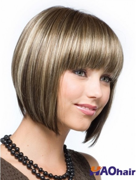 Cheveux synthétiques bon marché coupés coupe droite style brun couleur menton longueur