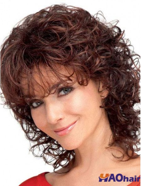 Cheveux synthétiques bouclés avec une longueur d'épaule de couleur frange Auburn