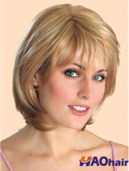 Perruques synthétiques avant de lacet pas chères Style droit Longueur de menton de couleur blonde