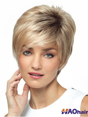 Perruque courte synthétique pour femme avec frange courte couleur blonde