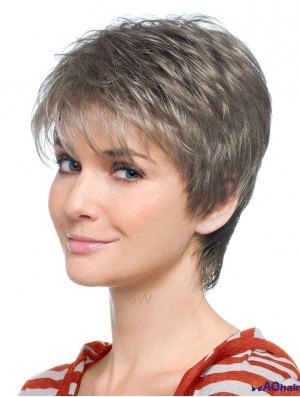 Perruque grise avec style droit synthétique sans capuchon, coupe courte, coupe grise