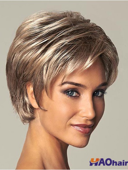 Perruque synthétique courte pour femme avec coupe droite en dentelle
