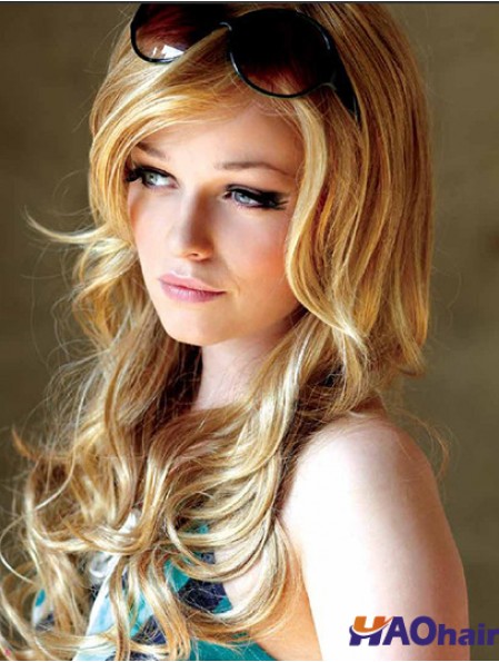 22 pouces ondulé avec frange monofilament blonde perruques longues appropriées