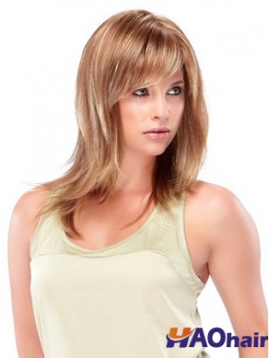 Longueur d'épaule blonde droite avec frange Perruques moyennes à la mode