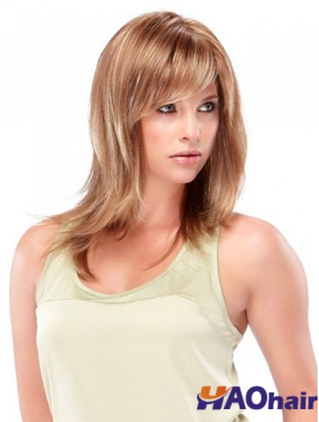 Longueur d'épaule blonde droite avec frange Perruques moyennes à la mode