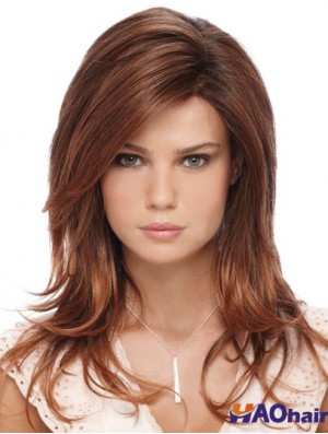 Mode Auburn longue avec frange droite sans colle perruques avant en dentelle