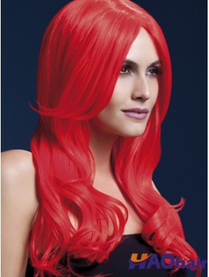 Style ondulé de couleur rouge de perruques synthétiques de cheveux longs avec capless