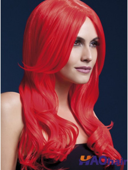 Style ondulé de couleur rouge de perruques synthétiques de cheveux longs avec capless