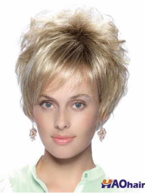 No-Fuss 8 pouces droite blonde avec frange perruques courtes