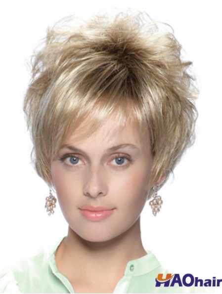 No-Fuss 8 pouces droite blonde avec frange perruques courtes