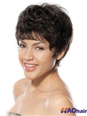 Remise Noir Court Boycuts Ondulés Sans Colle Avant De Lacet Perruques