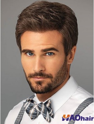 Perruque naturelle synthétique courte en dentelle marron synthétique pour hommes