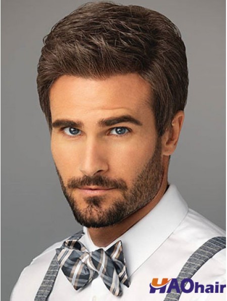 Perruque naturelle synthétique courte en dentelle marron synthétique pour hommes