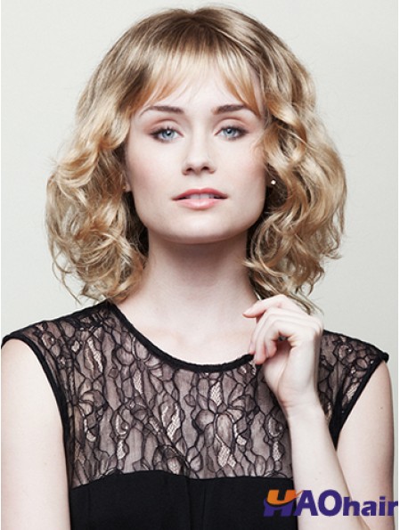 Avec Bangs Blonde Curly Chin Longueur 10  inchPerruques moyennes tendance