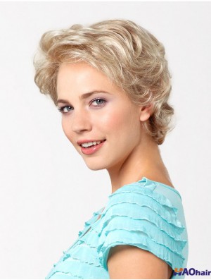 Perruque courte en dentelle synthétique sans couche superposée de 8 po ondulée blonde platine